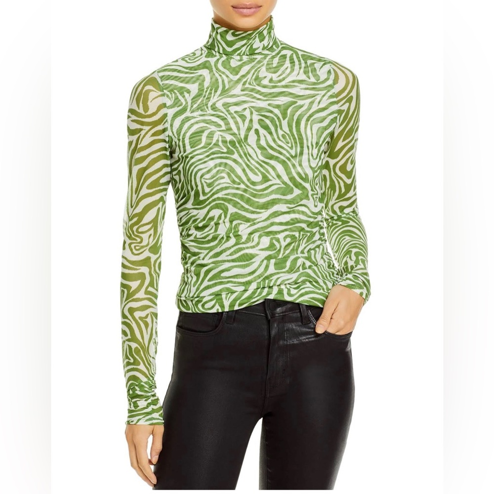 cinq a sept Green and White Zebra-Print Mesh Turtleneck